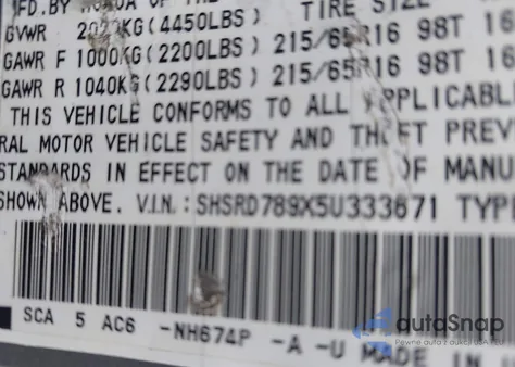 2005 Honda Cr-V Se из США, поврежденный, VIN SHSRD789X5U333671